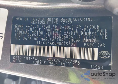 2022 Toyota Camry Le from USA, damaged, VIN 4T1C11AK0NU075793